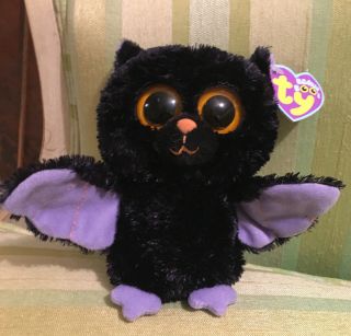 Ty Beanie Boo Baby W/ Tags Halloween Black Bat " Swoops " Orange Eyes Purple Wings