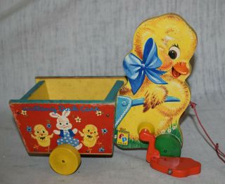 Vintage Fisher Price No.  305 Walking Duck Cart Pull Toy - Wood