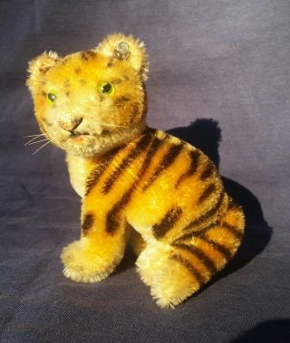 Steiff Rare 50s Adorable Sitting Baby Tiger With Swivel Head & Green Glass Eyes