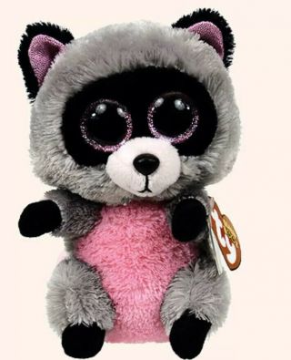 Ty Beanie Boo| Rocco The Raccoon Plush| 6” W/ Mwmt Heart Tag