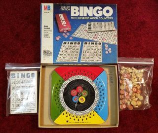 Vintage Milton Bradley Mb Pressman Bingo Game Set Wooden Numbers,  Markers,  Metal