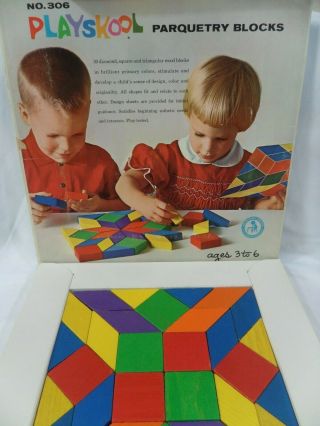 Playskool Parquetry Solid Wood Blocks Geometric Shapes Fun Colors Vintage 1969