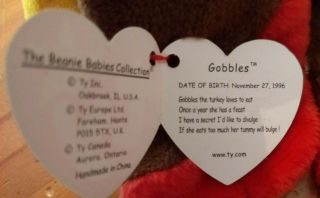 Vintage Ty Beanie Baby Gobbles the Turkey Bean Bag Toy - Retired 1996 3