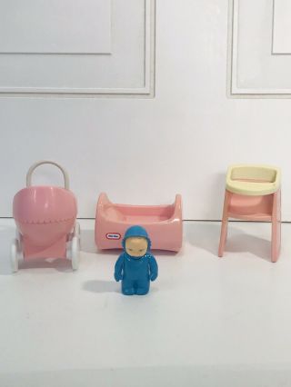 Vtg Little Tikes Dollhouse Nursery Furniture High Chair Crib Stroller Baby Usa