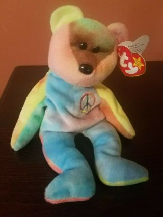 Ty Peace Bear_beanie Baby_1996_tie Dyed Bear_rainbow Bear