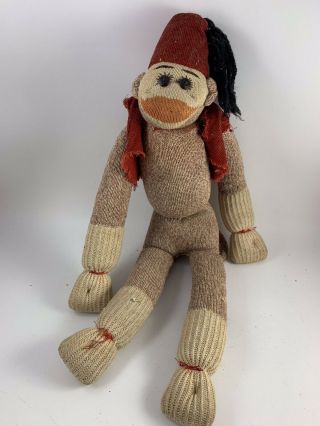 Vintage Brown & White Red Heel Organ Grinder Sock Monkey With Hat & Vest