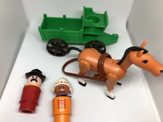 Vintage Fisher Price Wagon,  Brown Horse,  Indian,  Red Cowboy,  Harness.  934
