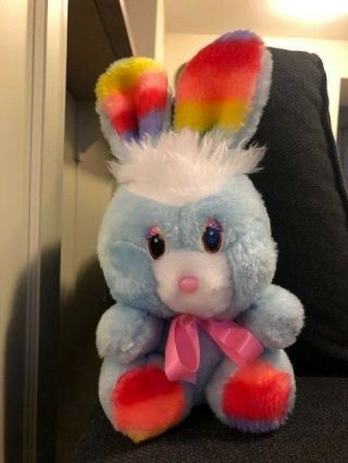 Vintage 1980s Pastel Blue Bunny Rabbit With Rainbow Ears Plush Toy Fairy Kei