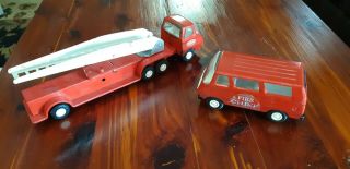 Set Vintage Tonka Metal Fire Truck Red And White With Ladder And Fire Chief Van