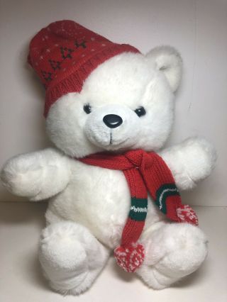 Vtg Kmart Dan Dee 1986 Teddy Bear Christmas Holiday White Red Hat & Scarf 18 "