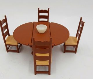 Vintage Fisher Price Dollhouse Dining Room Drop Leaf Table and 4 Chairs Made USA 3