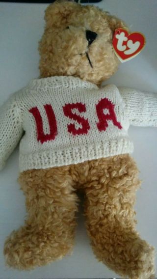 Ty Baby Bear Curly 1992 Wears Usa Sweater With Tag Retired