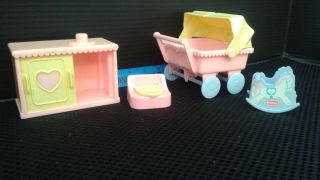 Vintage Playskool Dollhouse Twins Buggy,  Rocking Horse Potty Chair And Dresser