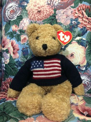 Ty Beanie Baby 1990  Curly  Bear With American Flag Sweater 16  Retired