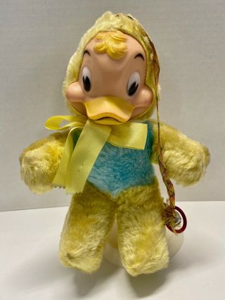 Vintage Duck Plush Rubber Face Rushton Style Toy With Bow & Bell