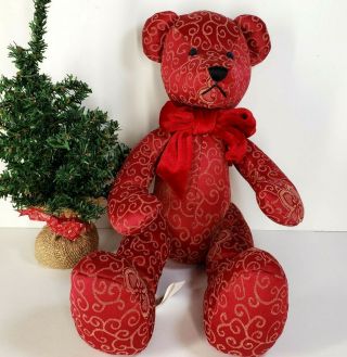 Pier 1 One Import Red Burgundy Teddy Bear Plush With Bow Brocade Fabric