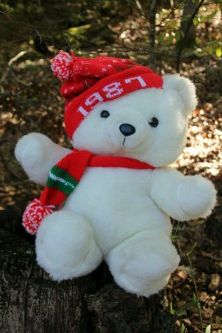 1987 Kmart Holiday Santa Teddy Bear 18 " Plush White Knit Hat Scarf Christmas