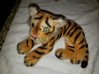 Vintage Steiff Mohair Laying Down Tiger With Green Glass Eyes