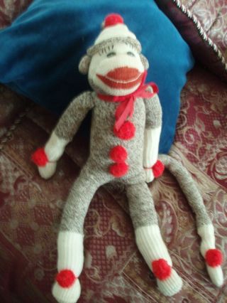 Vintage Sock Monkey Handmade Folk Art Doll W/cap Button Eyes Red Lips& Bowtie Ex