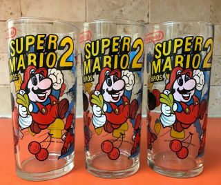 3 Vintage Nintendo Mario Bros.  2 1989 Cups / Glasses Rare 6 1/4” Brothers