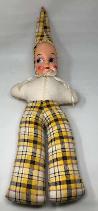 Vintage Vinyl Rubber Plastic Face Carnival Stuffed Plush Doll Plaid Cotton