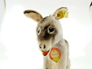 cute STEIFF Donkey Grissy 1617,  00 20 cm high with Button Flag Tag VGC 1963 - 64 2