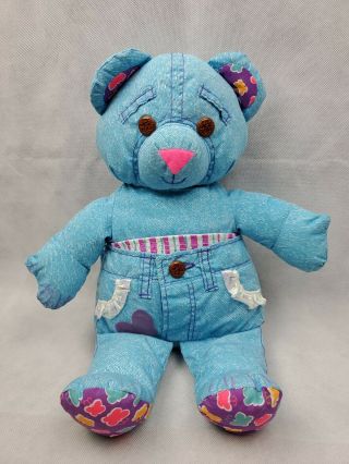 Tyco Doodle Blue Denim Look Teddy Bear Vintage 1990s Plush Toy 16”