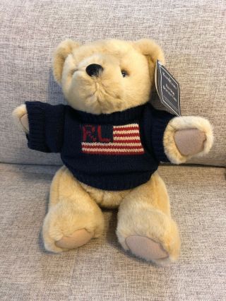 Vintage 1996 Ralph Lauren Polo Teddy Bear Plush Stuffed Animal Flag Usa 15 " Nwt