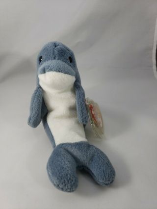 Ty Beanie Baby Echo The Dolphin With Tag Retired Dob: December 21st,  1996
