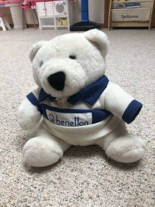 Vintage Benetton Teddy Bear Plush Stuffed 12 " Sitting 14 " Rugby 1985 80s White