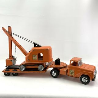 3 Piece Orange Tonka State Highway Dept Lowboy Shovel Pressed Steel Toy