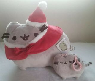 2 Gund Pusheen Plushies - Christmas Kitty Cat Plush,  Pink Bow Backpack Clip