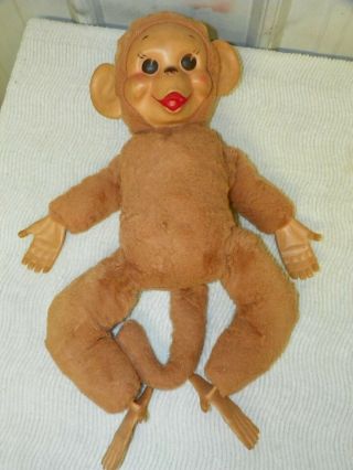 Vintage Rubber Face Monkey Toy Stuffed Plush Flat Feet Hands Tan Blonde Rushton?