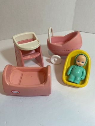 Vtg Little Tike Doll House Baby Nursery Room Furniture - Cradle Bed/buggy Hi Chair