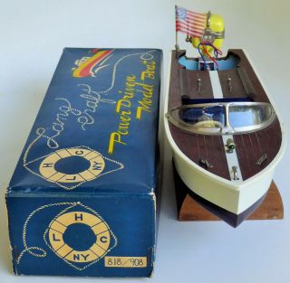 VINTAGE LANG CRAFT JAPAN WOODEN BOAT OUTBOARD MOTOR TOY BATTERY OPERATED BOX 13 