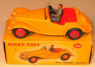 Dinky Toys No 102 Mg Midget Sports Car In Deep Yellow.  Boxed