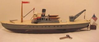 Awesome Antique Tin Wind Up Toy Boat 13 " Arnold Freighter W Crane Germany 1940s