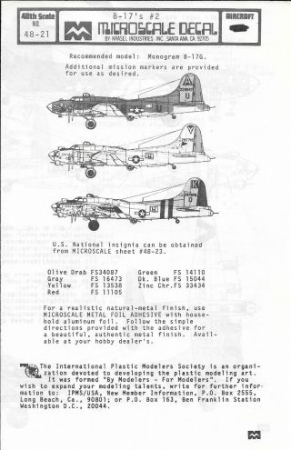 Microscale B - 17 F/ G Flying Fortress Decals 1/48 21,  A Bit O ' Lace,  3 Options 3
