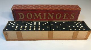 Vintage Halsam 28 Piece Complete Set Black And White Wood Dominoes No.  623 - K Usa