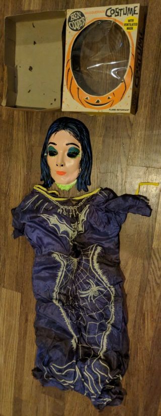 Vintage 1960 ' s Ben Cooper MORTICIA Addams Family Mask Costume & w/Box Monster 3