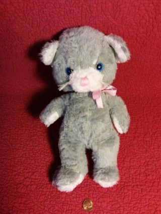 Vtg 12 " Gray White Kitty Cat Blue Eyes Plush Stuffed Amimal Toy.