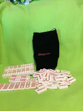 Snap On Tools,  Collectible Domino Set W/ Black Felt Bag,  White W/ Red Etching