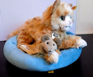 Steiff Mimmi Tabby Cat Wt Mouse Soft Toy On Steiff Bed With Buttons,  Tags.
