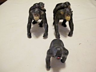 Two 5 " Chimpanzee Mother & Child Figures Plus 3 " Gorilla Rubber Realistic Vinyl