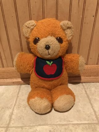 Vintage 1975 Fisher Price Freddy Teddy Bear Apple Bib Squeaker Orange Plush Toy