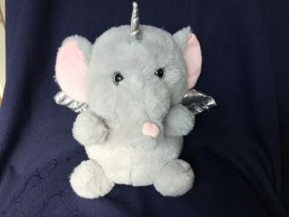 Unicornimals Elephant Unicorn 9” Grey Plush Silver Horn Wings Kellytoy Pink Ears