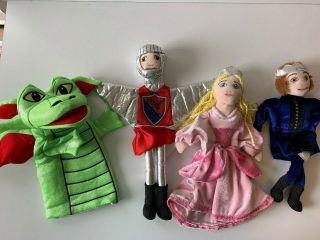 Fao Schwarz Hand Puppets Princess Prince Red Knight Dragon Fairy Tale 4 Piece