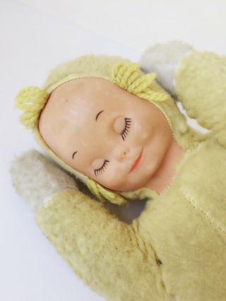 Vintage Sleeping Baby Plush Rubber Face Kitschy Yellow 1950s