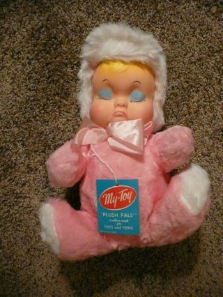 Vintage My Toy Plush Pals Rubber Face Sad Pink Doll Stuffed Toy W/ Tag