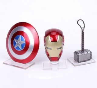 Avengers 3pc Set Iron Man Helmet Thor Hammer Captain America Shield Mini Weapons